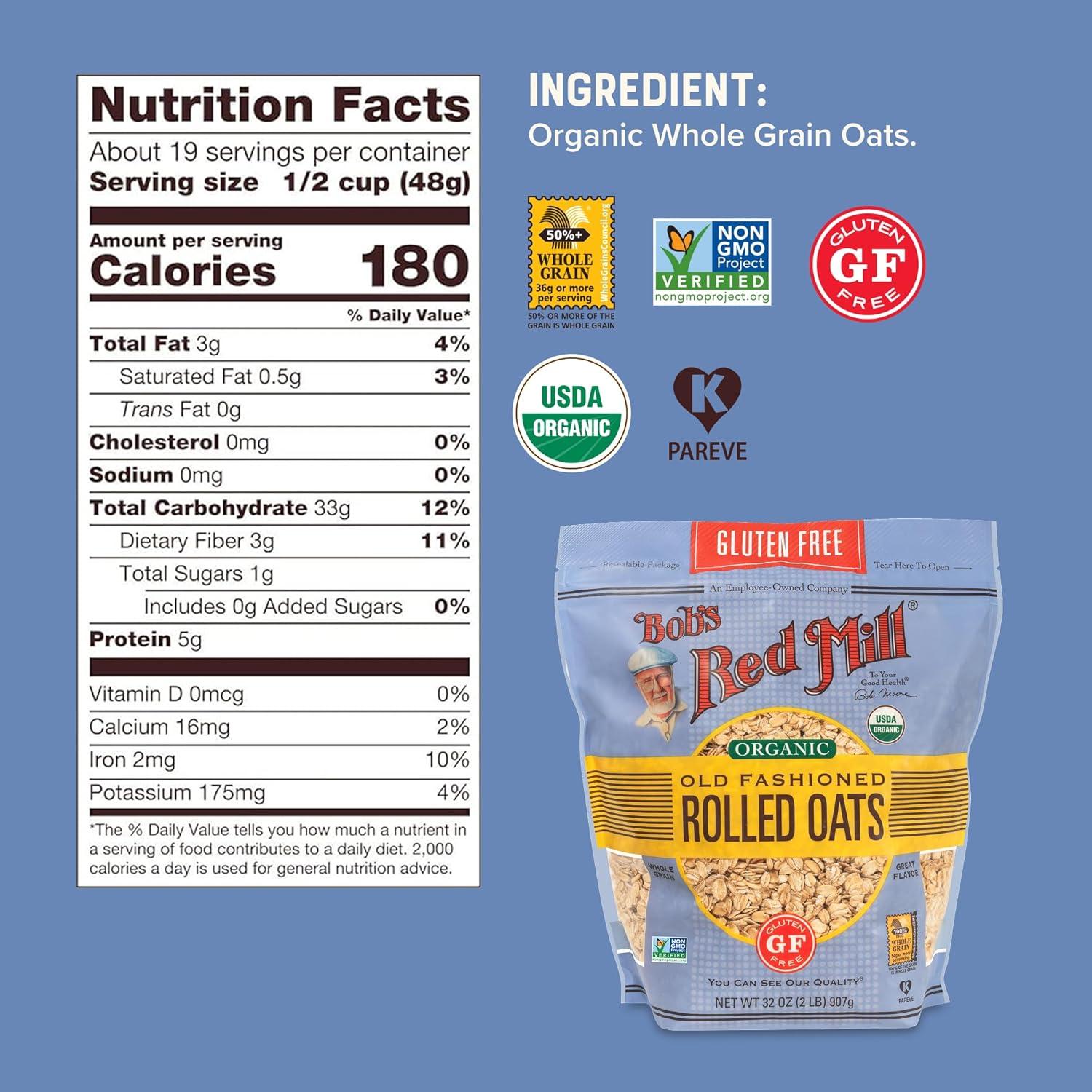 imageBobs Red Mill Gluten Free Organic Old Fashioned Rolled Oats 32oz Pack of 4 Non GMO Whole Grain Vegan KosherOG GF Old Fashioned Oats