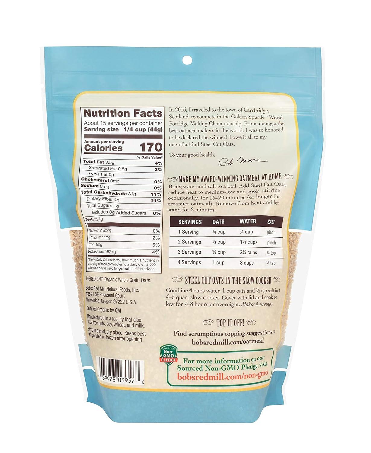 imageBobs Red Mill Gluten Free Organic Steel Cut Oats 24oz Pack of 4 Non GMO Whole Grain Vegan Kosher24 Ounce Pack of 3