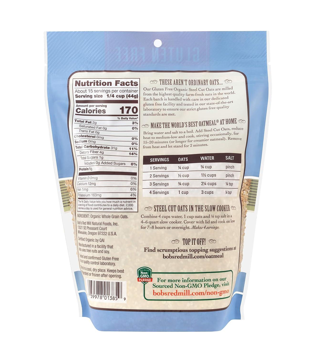 imageBobs Red Mill Gluten Free Organic Steel Cut Oats 24oz Pack of 4 Non GMO Whole Grain Vegan Kosher24 Ounce Pack of 4