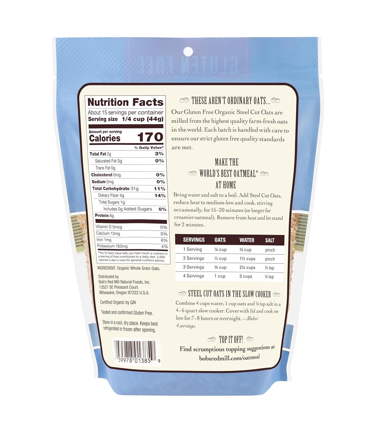 imageBobs Red Mill Gluten Free Organic Steel Cut Oats 24oz Pack of 4 Non GMO Whole Grain Vegan Kosher24 Ounce Pack of 4