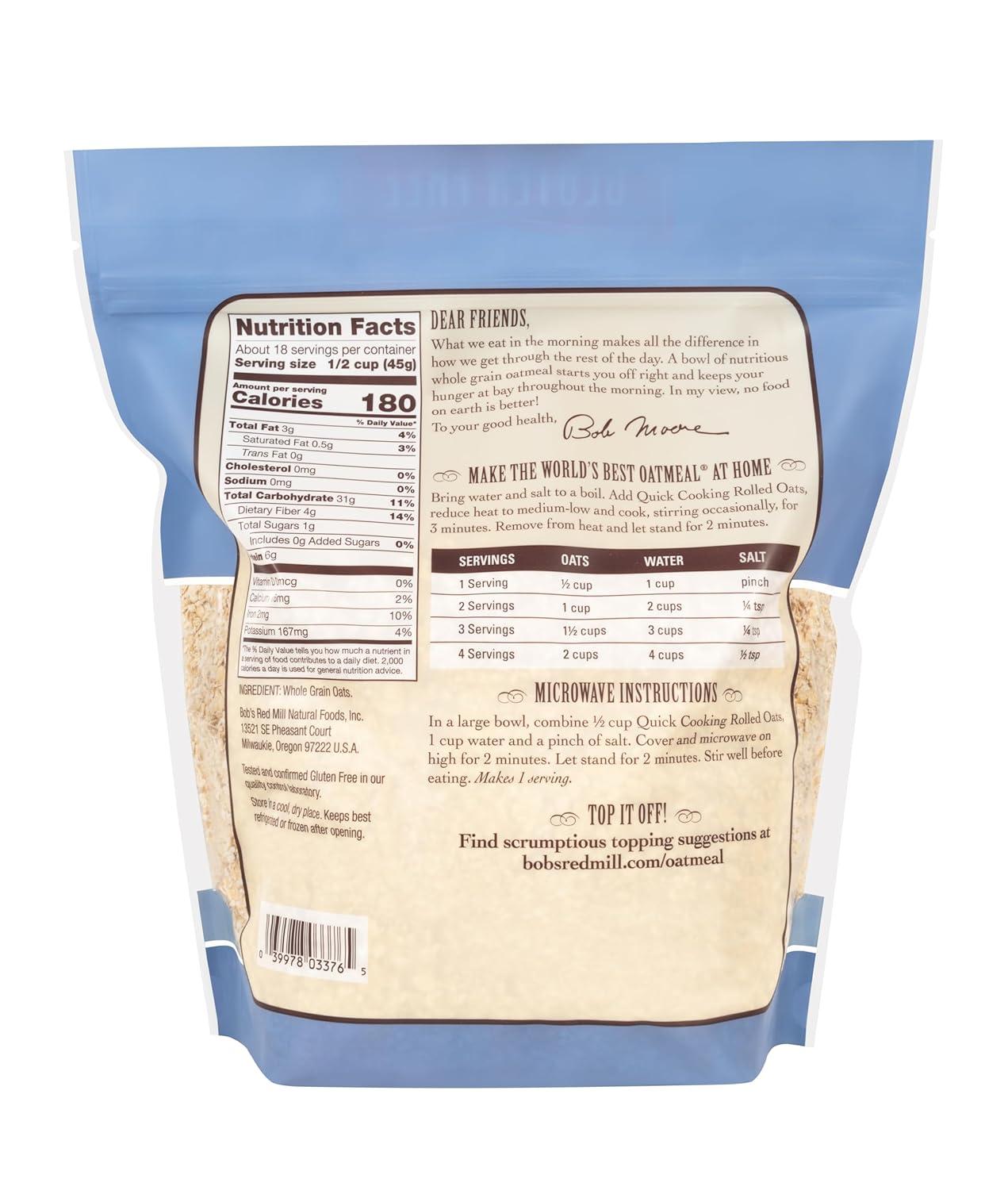 imageBobs Red Mill Gluten Free Quick Cooking Rolled Oats 28oz Pack of 4 Non GMO Whole Grain Vegan KosherGF Quick Rolled Oats