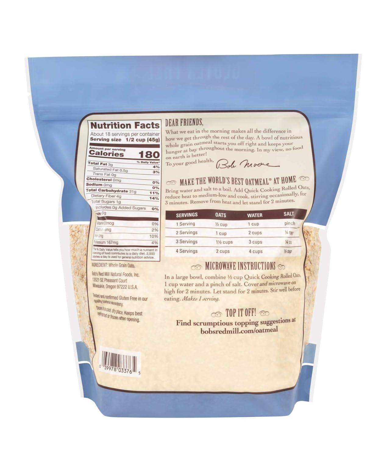 imageBobs Red Mill Gluten Free Quick Cooking Rolled Oats 28oz Pack of 4 Non GMO Whole Grain Vegan KosherGF Quick Rolled Oats