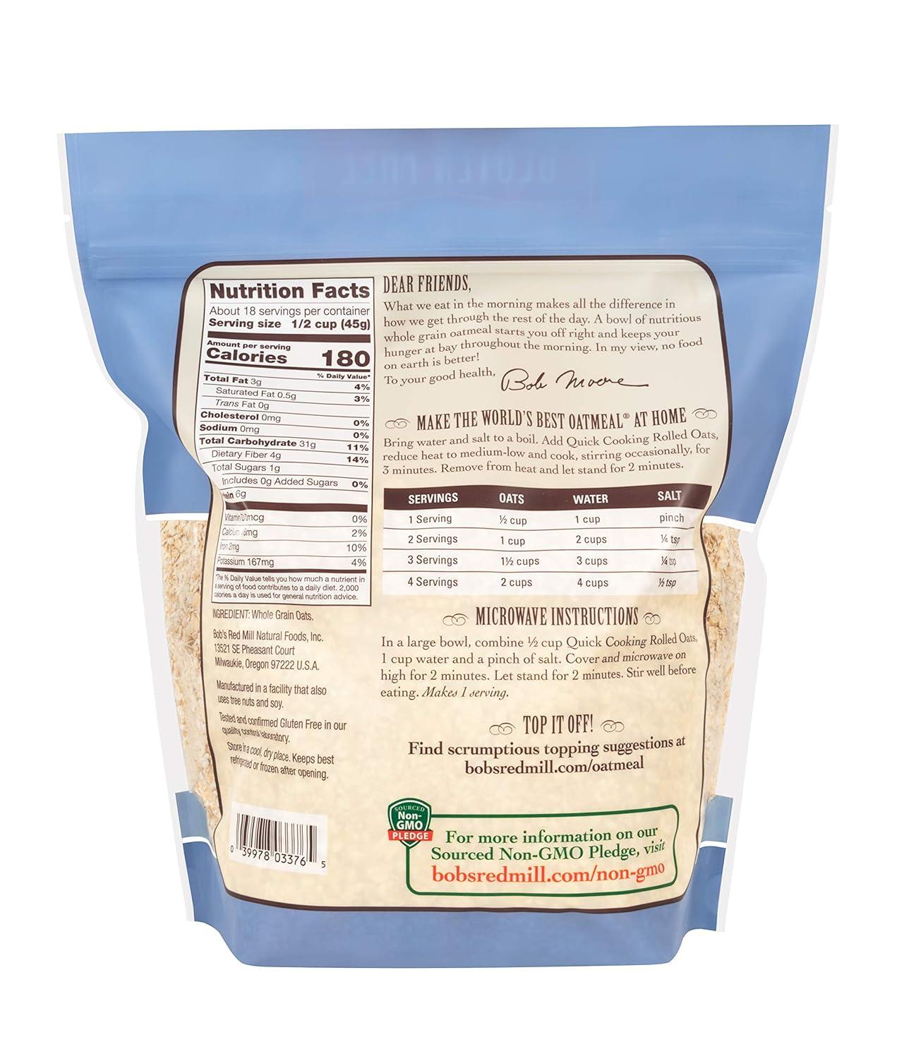 imageBobs Red Mill Gluten Free Quick Cooking Rolled Oats 28oz Pack of 4 Non GMO Whole Grain Vegan KosherGF Quick Rolled Oats