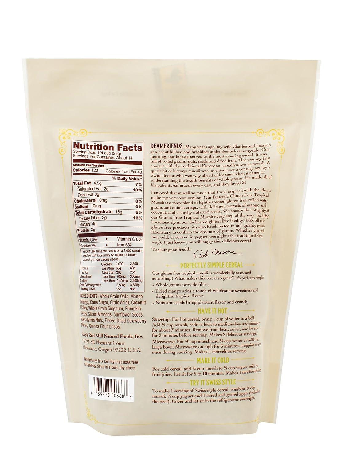 imageBobs Red Mill Gluten Free Tropical Muesli 14oz Pack of 4 Gluten Free Non GMO Whole Grain Kosher14 Ounce Pack of 1