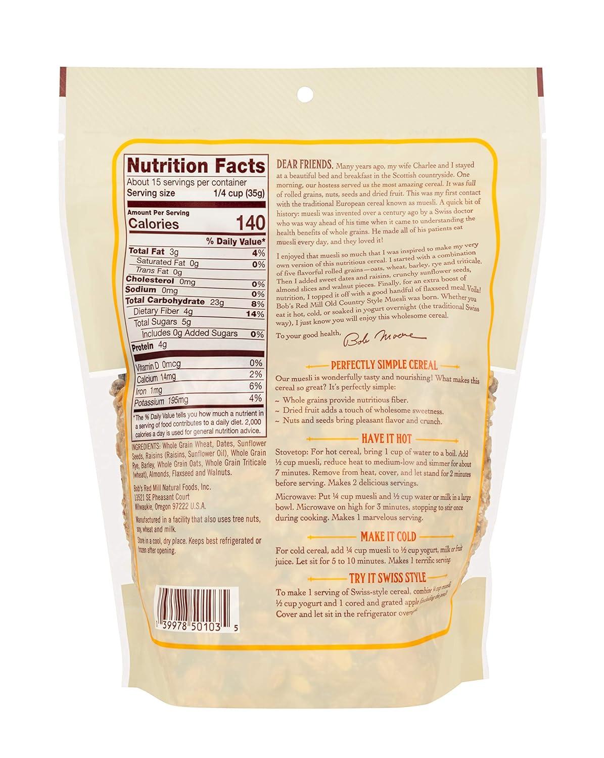 imageBobs Red Mill Old Country Style Muesli 40oz Pack of 4 Non GMO Whole Grain Vegan Kosher18 Ounce Pack of 4