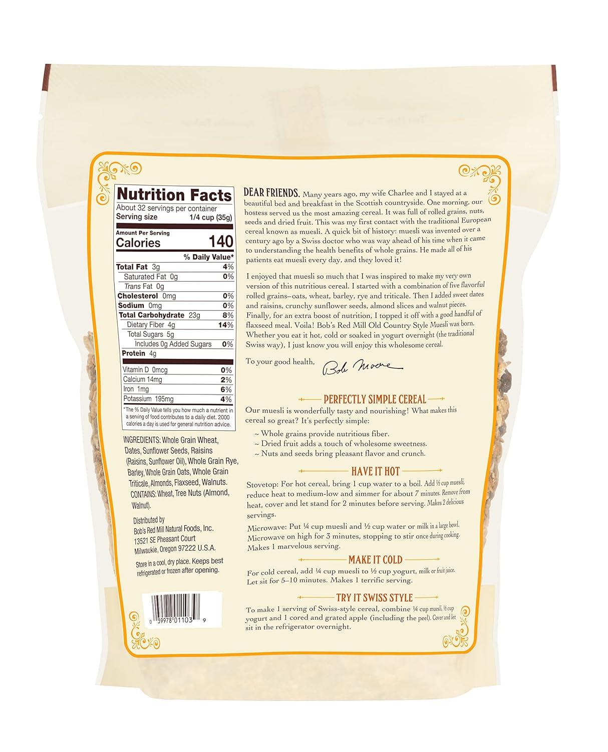 imageBobs Red Mill Old Country Style Muesli 40oz Pack of 4 Non GMO Whole Grain Vegan Kosher40 Ounce Pack of 1