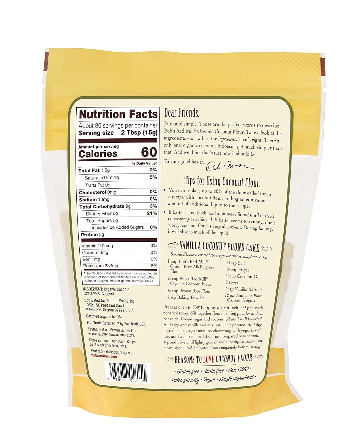 imageBobs Red Mill Organic Coconut Flour 16oz Pack of 4 Non GMO Fair Trade Certified Vegan Keto Friendly Paleo Friendly KosherVO