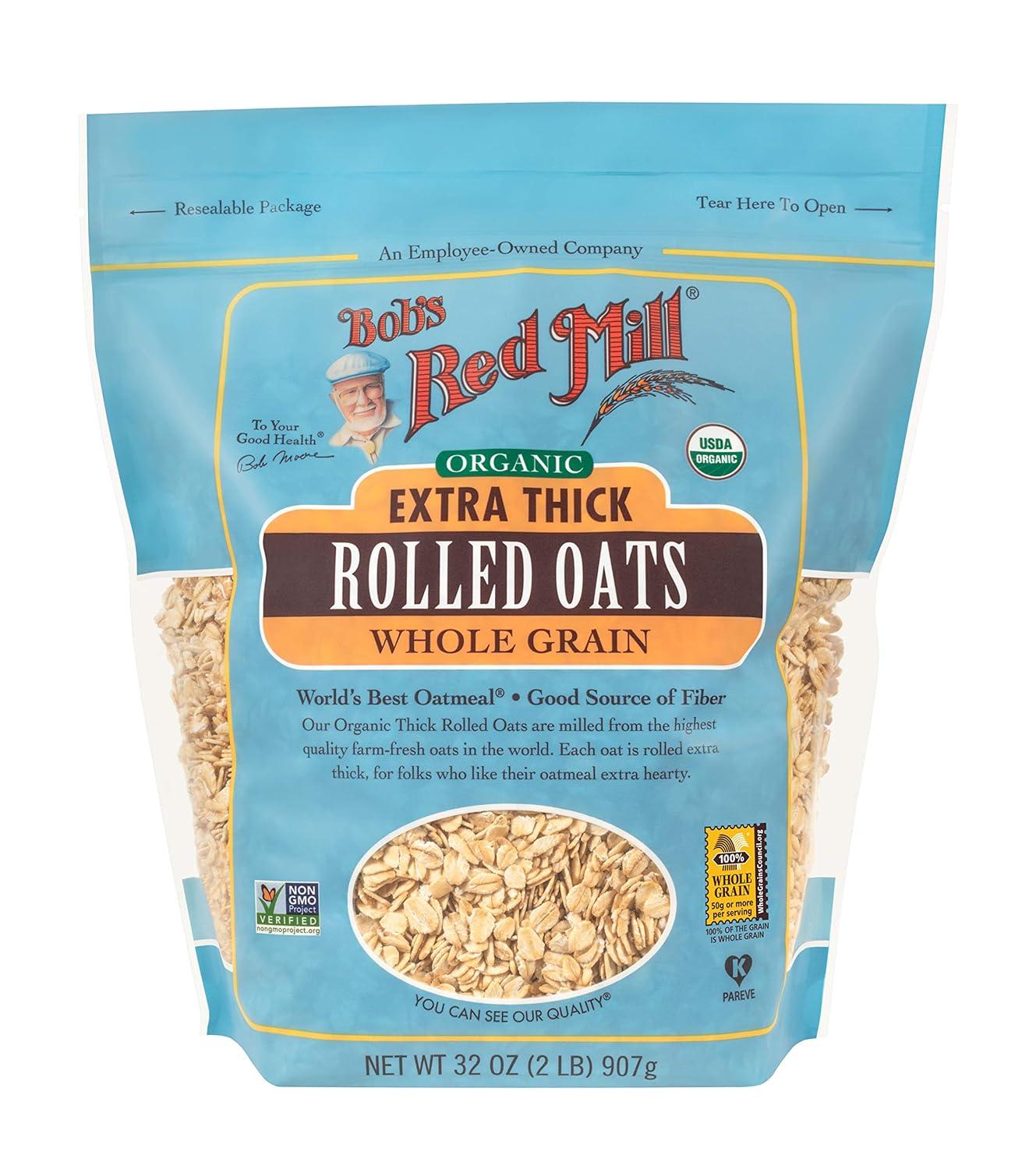 imageBobs Red Mill Organic Extra Thick Rolled Oats 32oz Pack of 4 Non GMO Whole Grain Vegan KosherOG Extra Thick