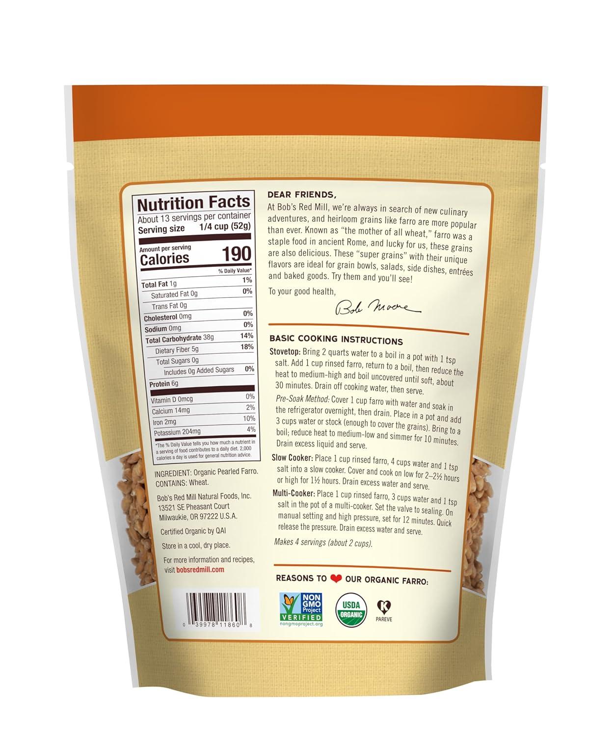 imageBobs Red Mill Organic Farro Grain 24oz Pack of 4 Non GMO Vegan Kosher24 Ounce Pack of 4