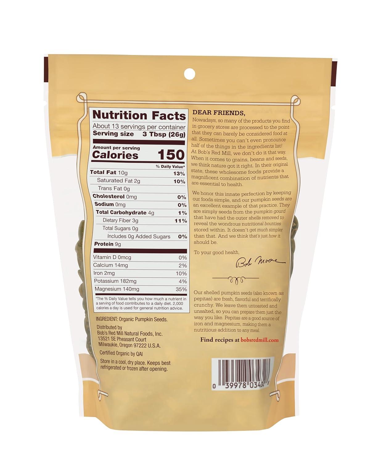 imageBobs Red Mill Organic Pumpkin Seeds 12oz Pack of 4 Non GMO Vegan Paleo Friendly Keto Friendly KosherUnsalted