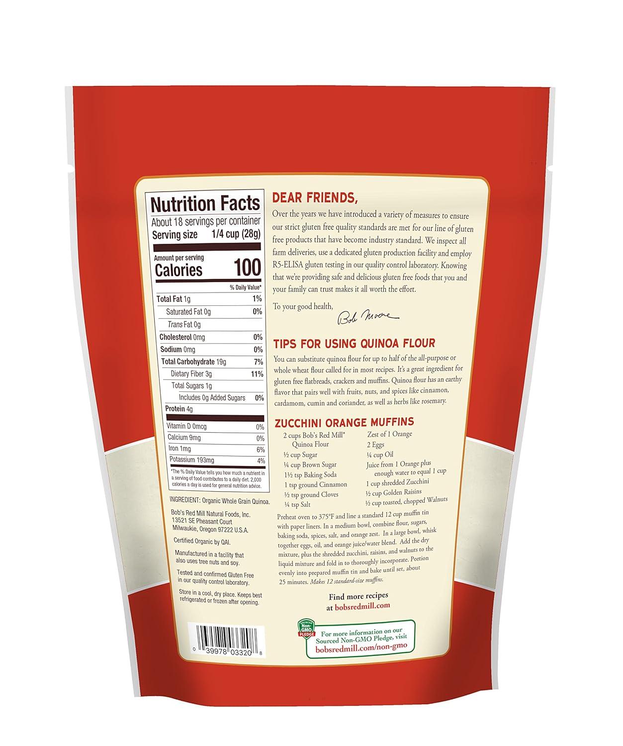 imageBobs Red Mill Organic Quinoa Flour 18oz Pack of 4 Non GMO Whole Grain Vegan Kosher18 Ounce Pack of 4