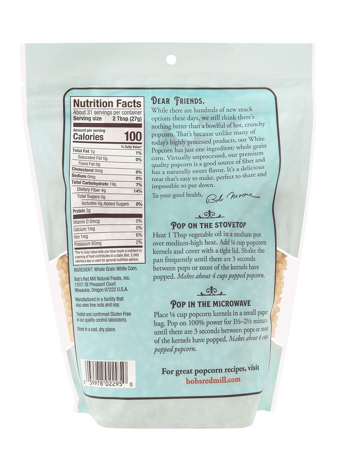 imageBobs Red Mill White Popcorn 30oz Pack of 4 Non GMO Whole Grain Vegan KosherResealable