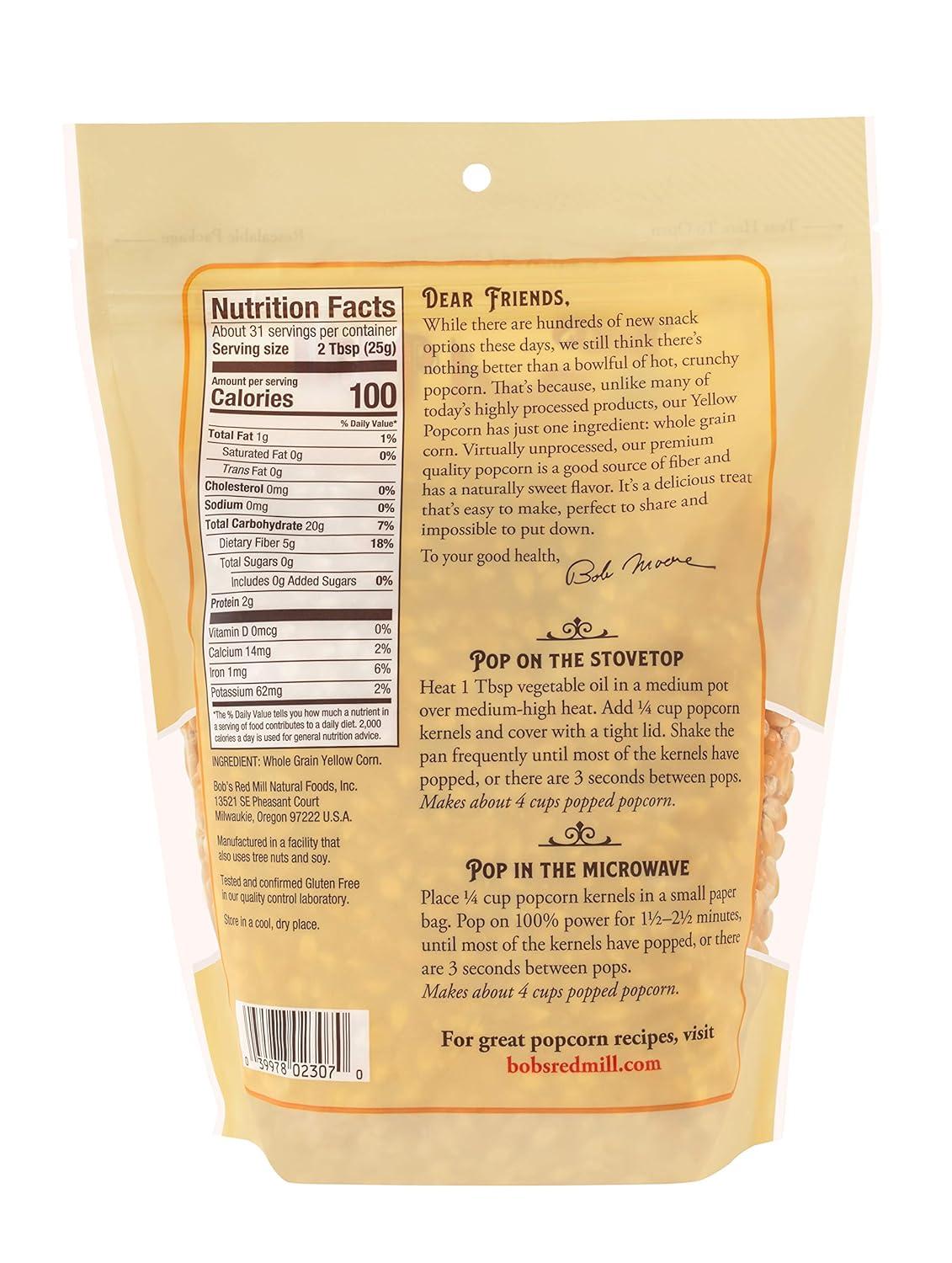 imageBobs Red Mill Yellow Popcorn 30oz Pack of 4 Non GMO Whole Grain Vegan Kosher30ounce Pack of 4