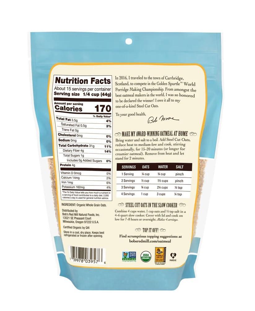 imageBobs Red Mill Organic Steel Cut Oats 24oz Pack of 4 Non GMO Whole Grain Vegan Kosher24 Ounce Pack of 1