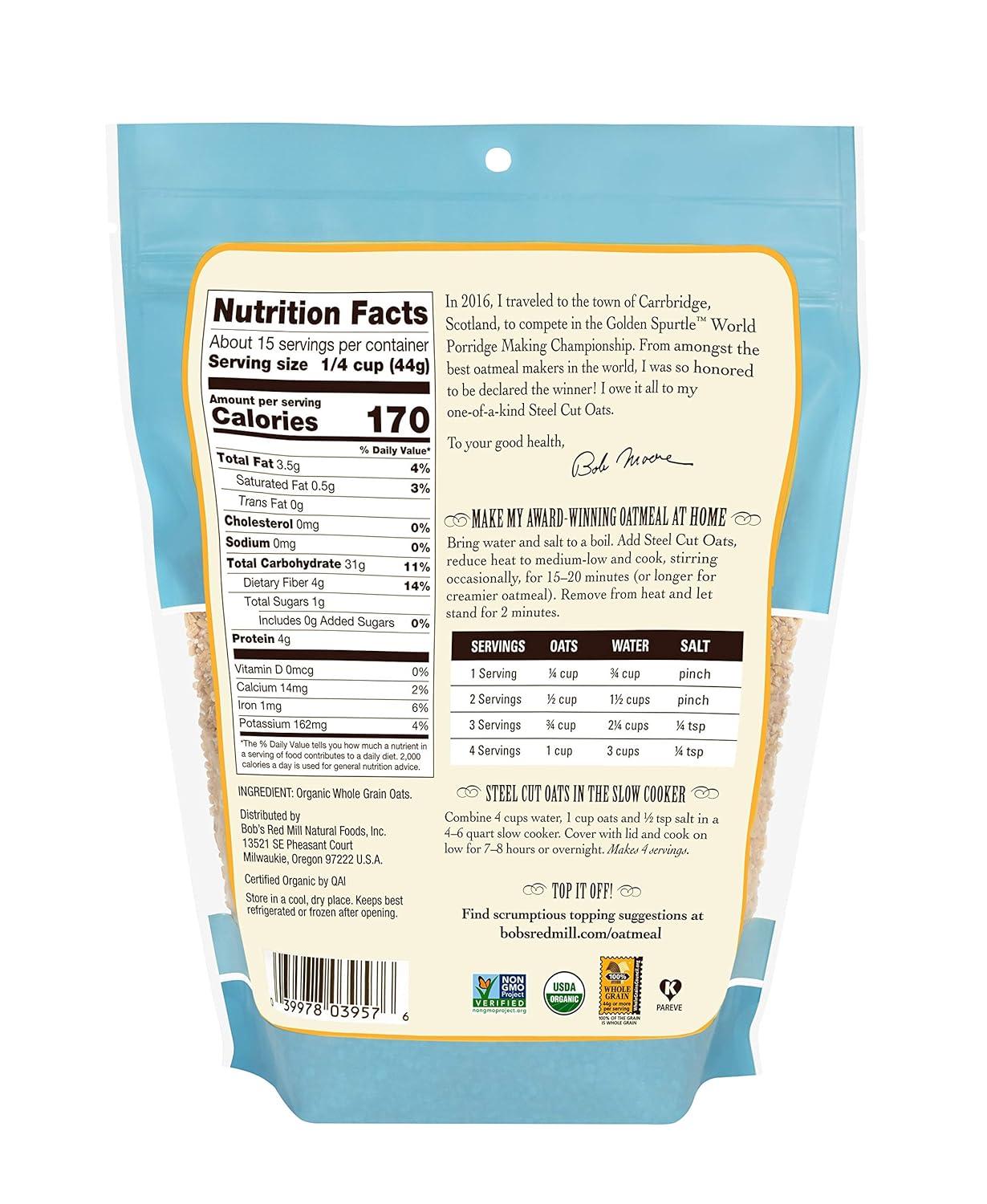 imageBobs Red Mill Organic Steel Cut Oats 24oz Pack of 4 Non GMO Whole Grain Vegan Kosher24 Ounce Pack of 4