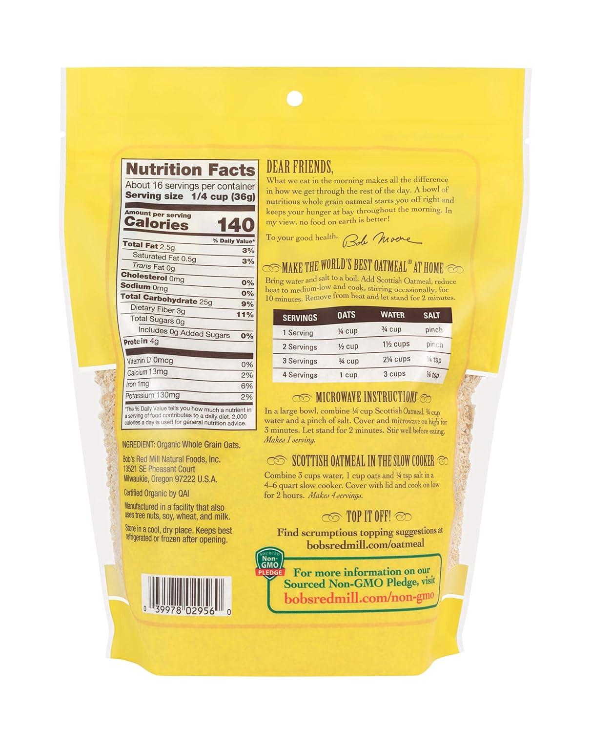 imageBobs Red Mill Organic Scottish Oatmeal 20oz Pack of 4 Non GMO Whole Grain Vegan Kosher20 Ounce Pack of 4