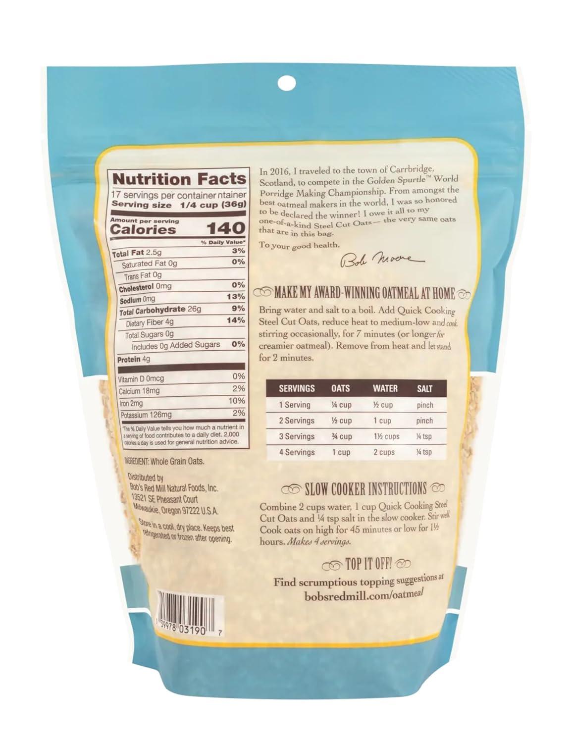 imageBobs Red Mill Quick Cooking Steel Cut Oats 22oz Pack of 4 Non GMO Whole Grain Vegan Kosher22 Ounce Pack of 4