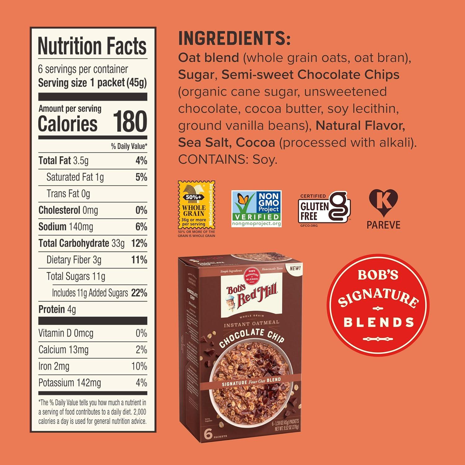 imageBobs Red Mill Instant Oatmeal Packets Chocolate Chip 4 Boxes 6 Packets per Box NonGMO Gluten Free Whole GrainChocolate Chip