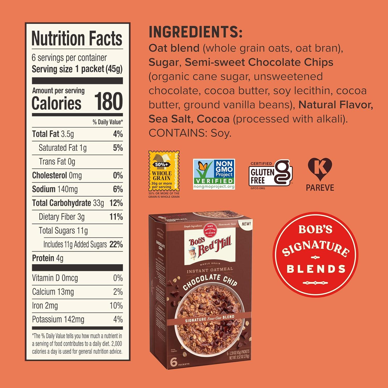 imageBobs Red Mill Instant Oatmeal Packets Chocolate Chip 4 Boxes 6 Packets per Box NonGMO Gluten Free Whole GrainChocolate Chip