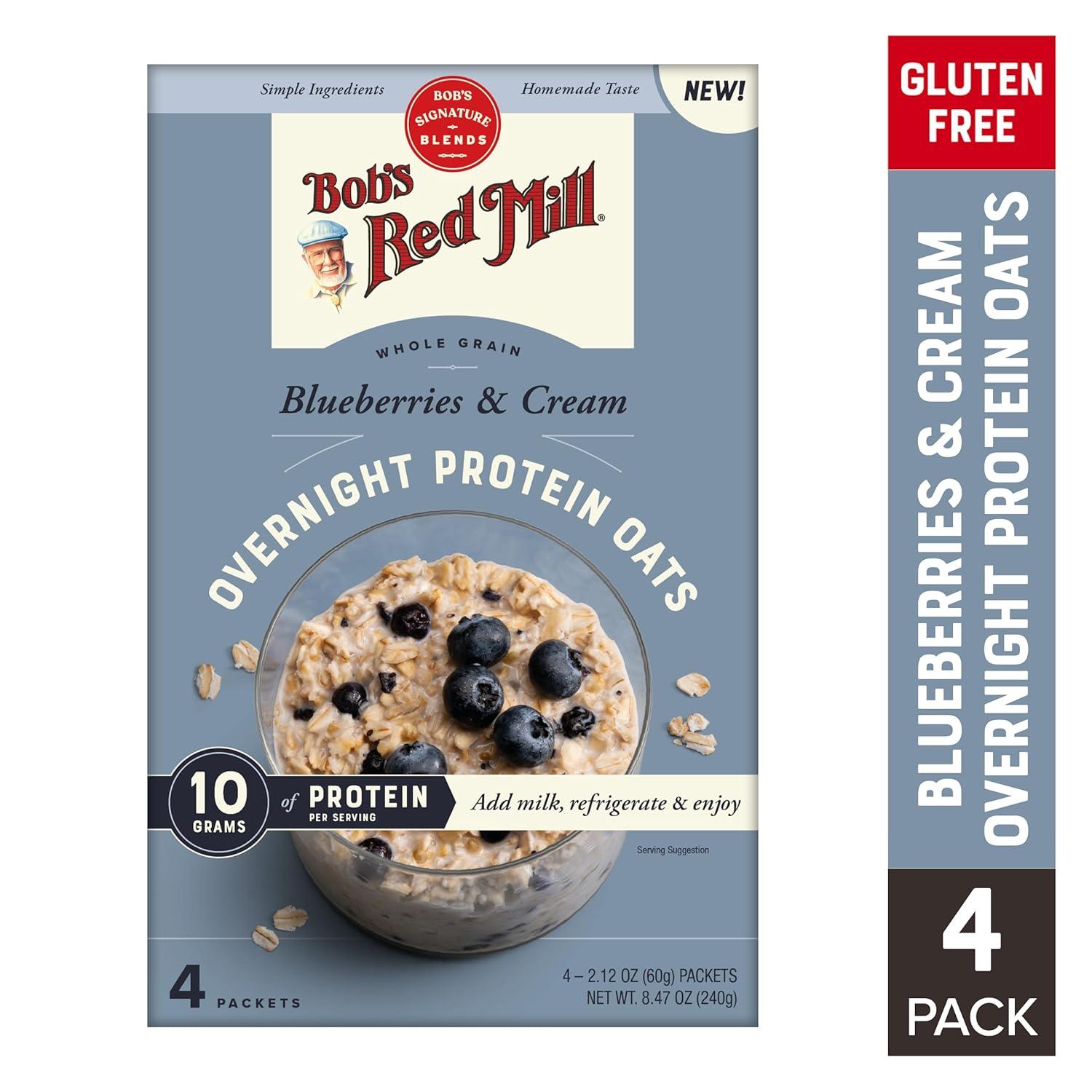 imageBobs Red Mill Overnight Protein Oat Packets Chocolate Hazelnut 4 Boxes4 Packets per Box NonGMO Gluten Free Whole GrainBlueberries Cream