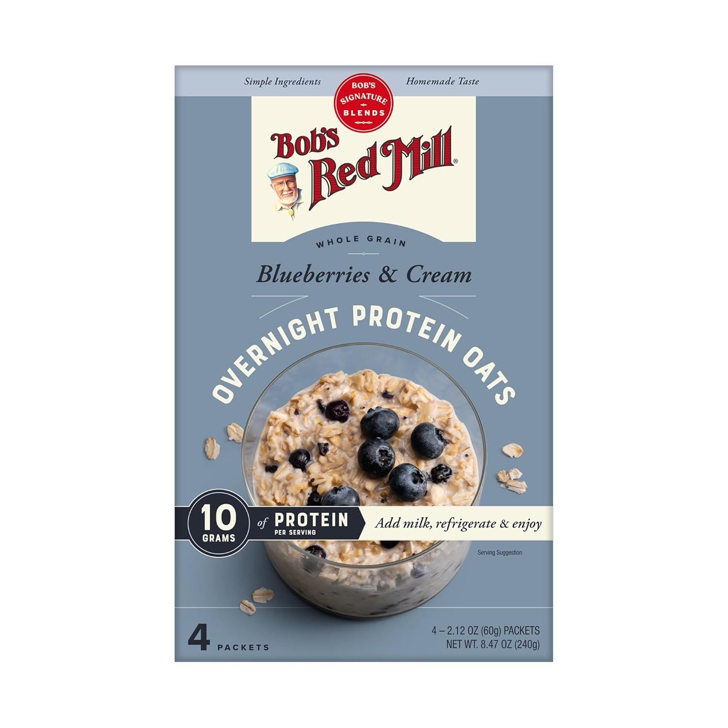 imageBobs Red Mill Overnight Protein Oat Packets Chocolate Hazelnut 4 Boxes4 Packets per Box NonGMO Gluten Free Whole GrainBlueberries Cream