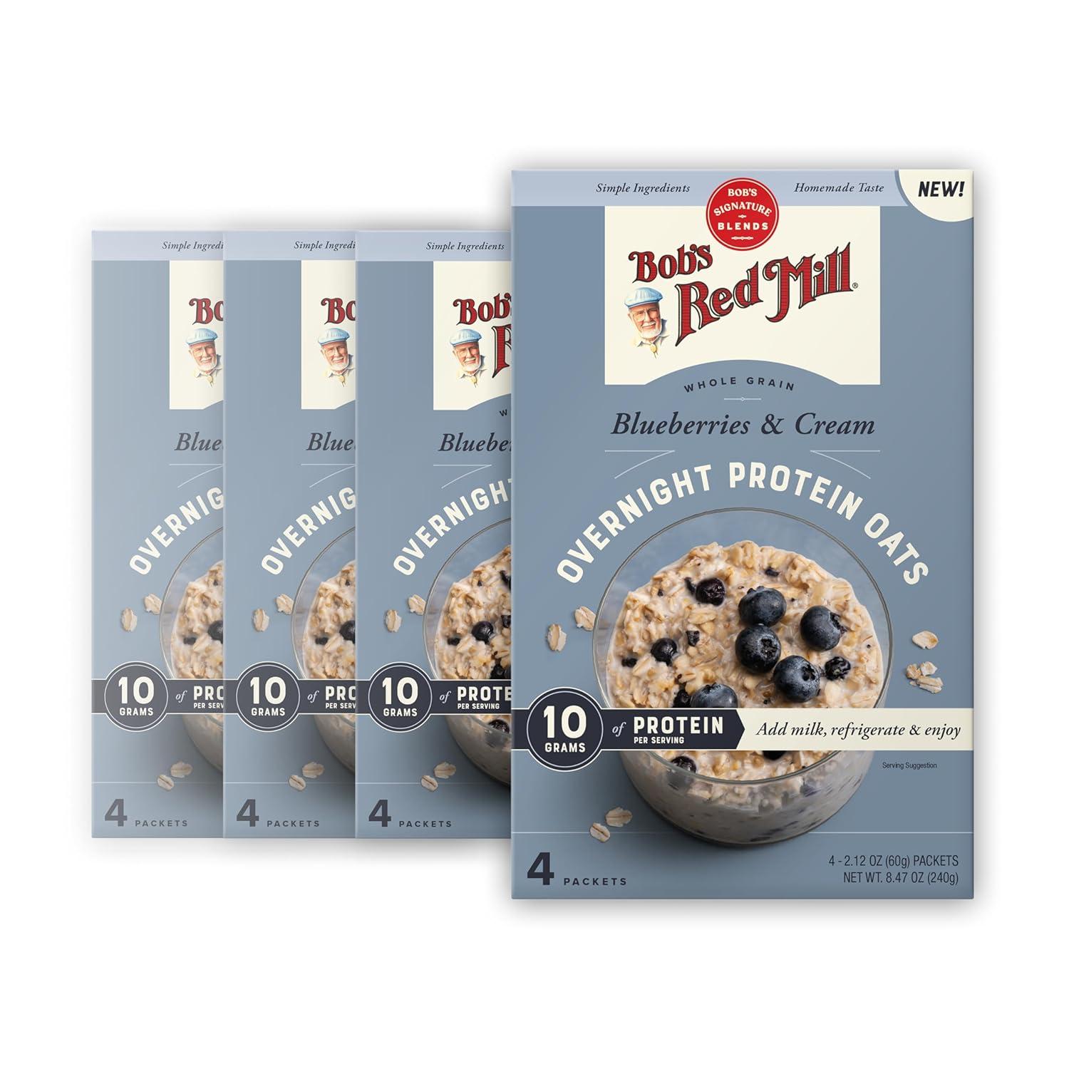 imageBobs Red Mill Overnight Protein Oat Packets Chocolate Hazelnut 4 Boxes4 Packets per Box NonGMO Gluten Free Whole GrainBlueberries Cream