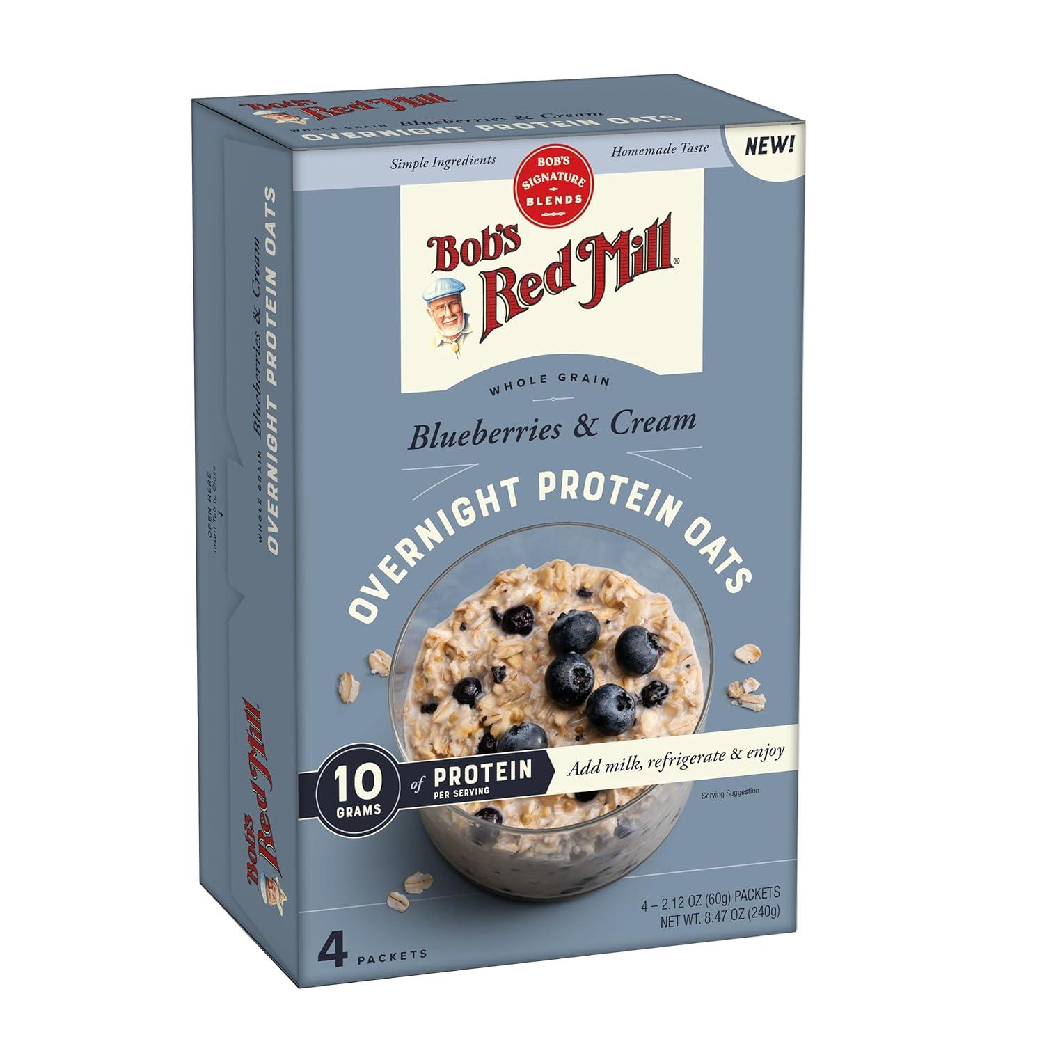 imageBobs Red Mill Overnight Protein Oat Packets Chocolate Hazelnut 4 Boxes4 Packets per Box NonGMO Gluten Free Whole GrainBlueberries Cream