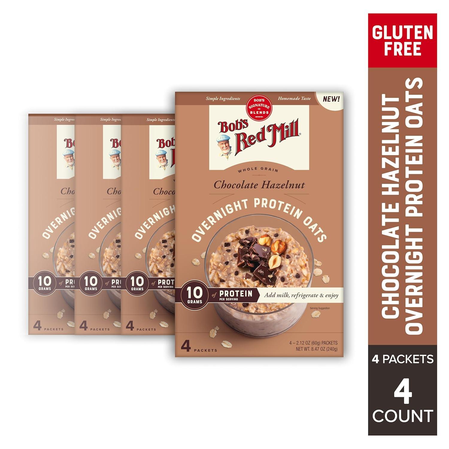 imageBobs Red Mill Overnight Protein Oat Packets Chocolate Hazelnut 4 Boxes4 Packets per Box NonGMO Gluten Free Whole GrainChocolate Hazelnut