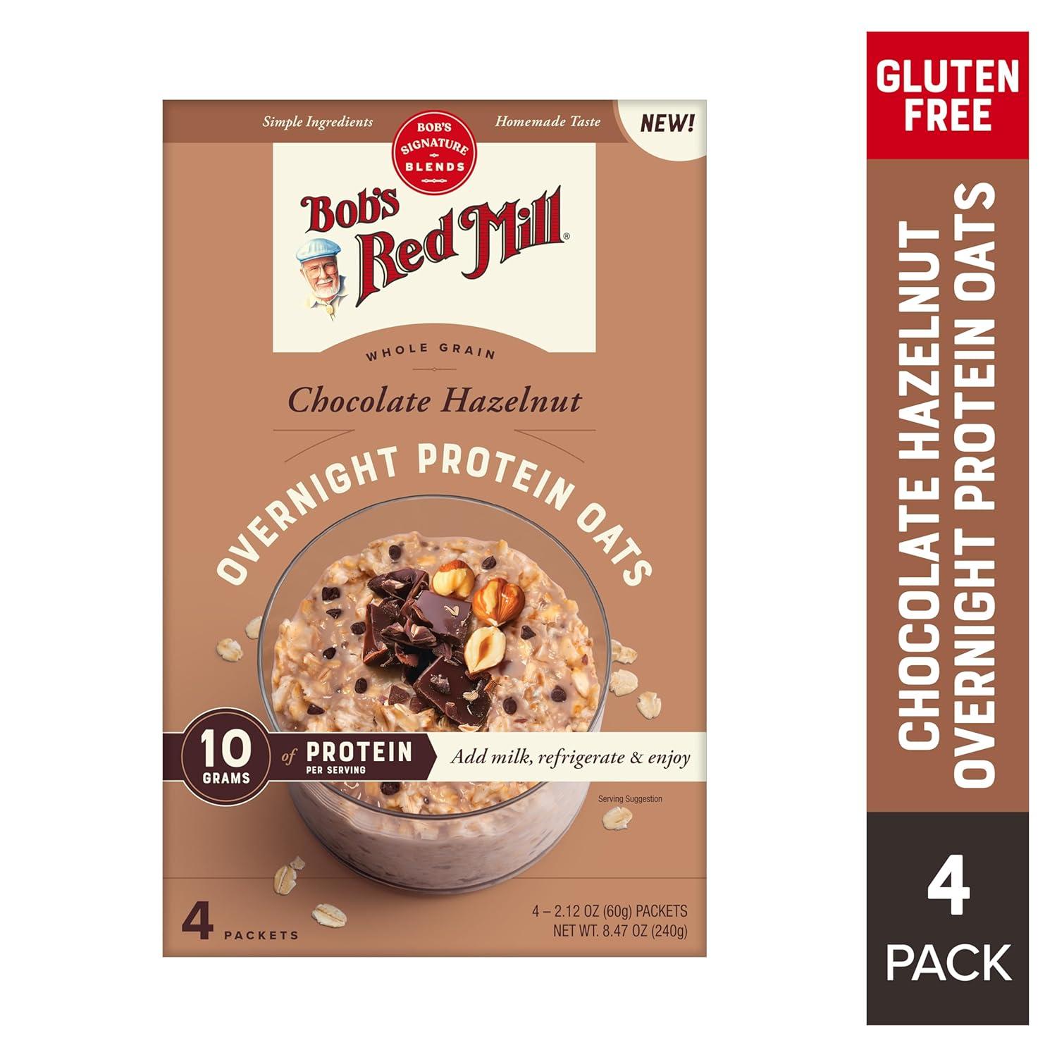 imageBobs Red Mill Overnight Protein Oat Packets Chocolate Hazelnut 4 Boxes4 Packets per Box NonGMO Gluten Free Whole GrainChocolate Hazelnut