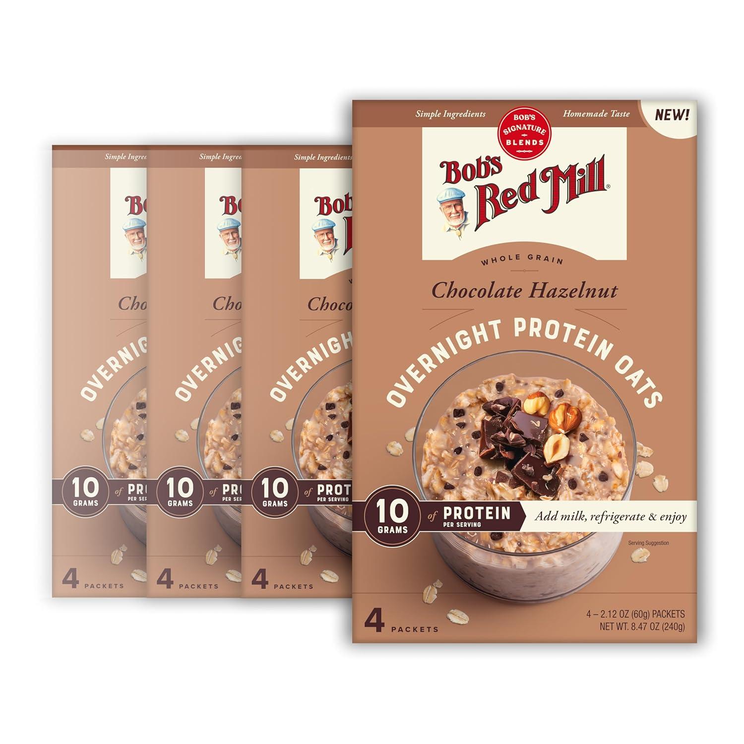 imageBobs Red Mill Overnight Protein Oat Packets Chocolate Hazelnut 4 Boxes4 Packets per Box NonGMO Gluten Free Whole GrainChocolate Hazelnut