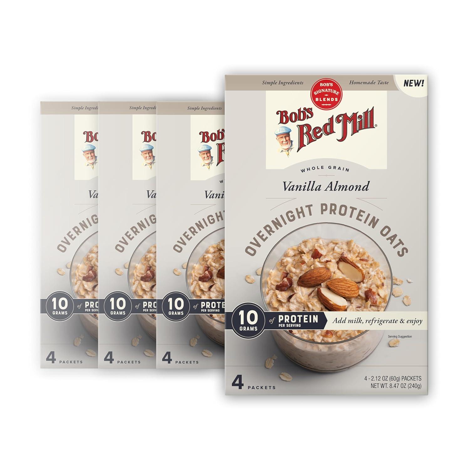 imageBobs Red Mill Overnight Protein Oat Packets Chocolate Hazelnut 4 Boxes4 Packets per Box NonGMO Gluten Free Whole GrainVanilla Almond