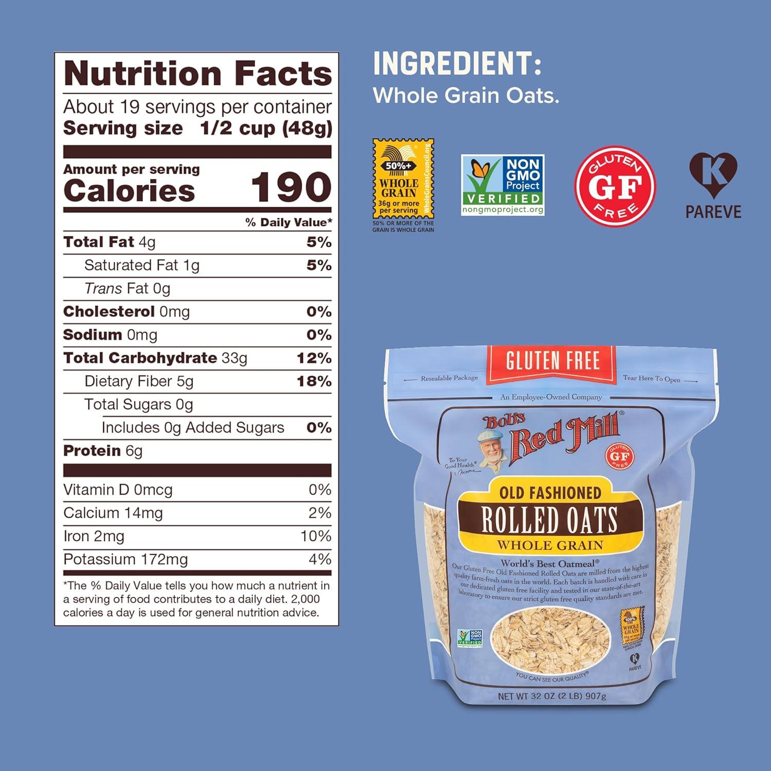 imageBobs Red Mill Gluten Free Old Fashioned Rolled Oats 16oz Pack of 4 NonGMO Gluten Free Whole GrainGF Old Fashioned