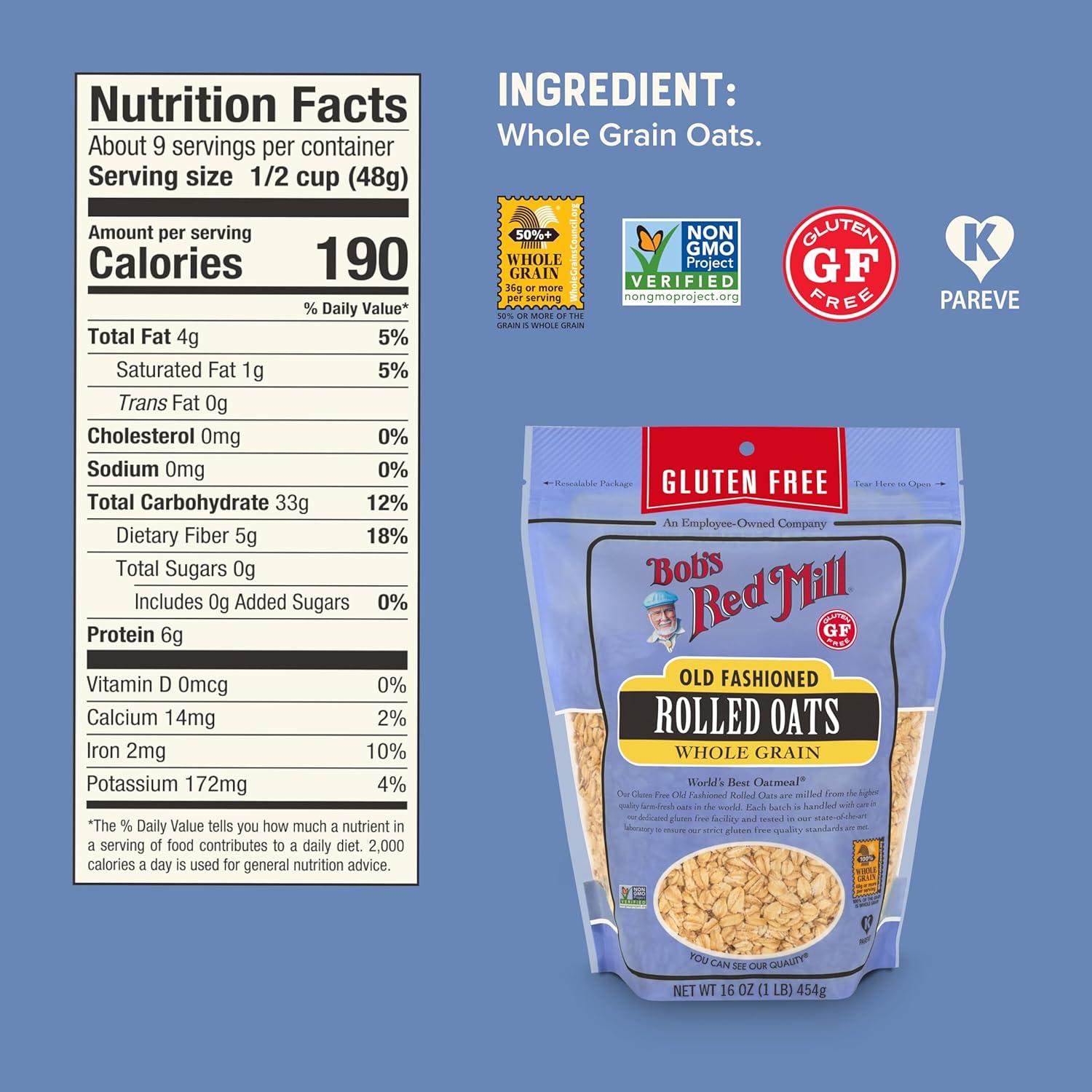 imageBobs Red Mill Gluten Free Old Fashioned Rolled Oats 16oz Pack of 4 NonGMO Gluten Free Whole GrainGF Old Fashioned